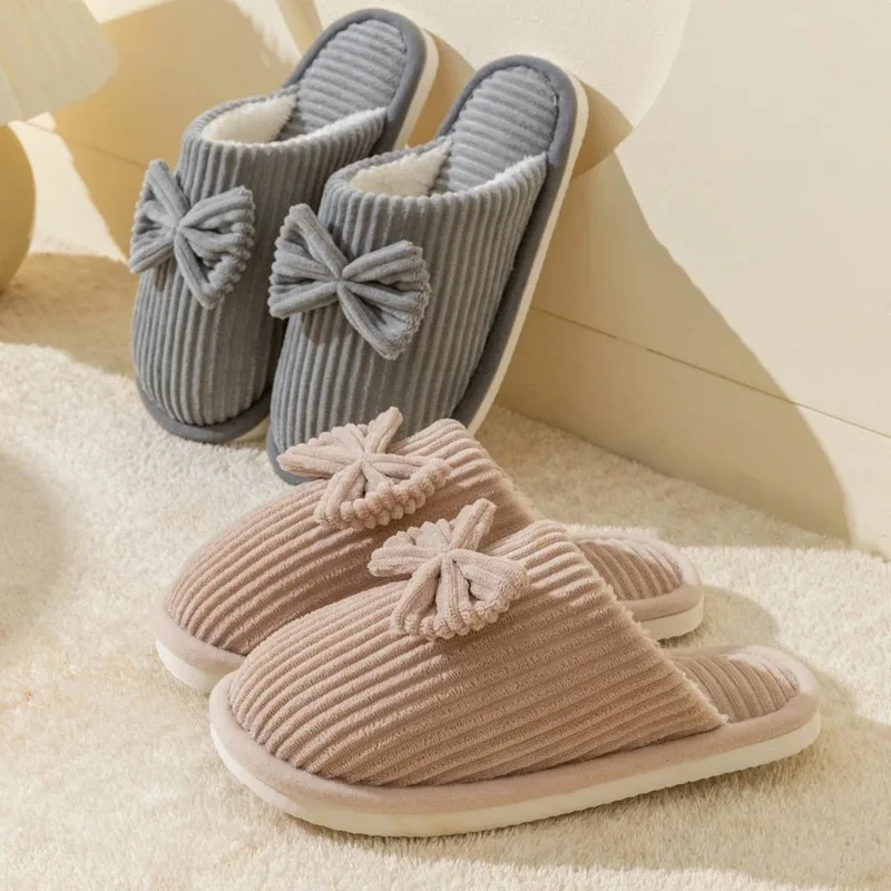 Winter Fashion Women's Bow Slippers Ins Korean Sweet Indoor Bedroom Shoes Comfortable Soft Warm Home Parent-child Slippers