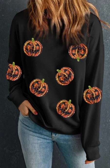 Halloween multicolored sequined loose long sleeved sweatshirt with round neck top