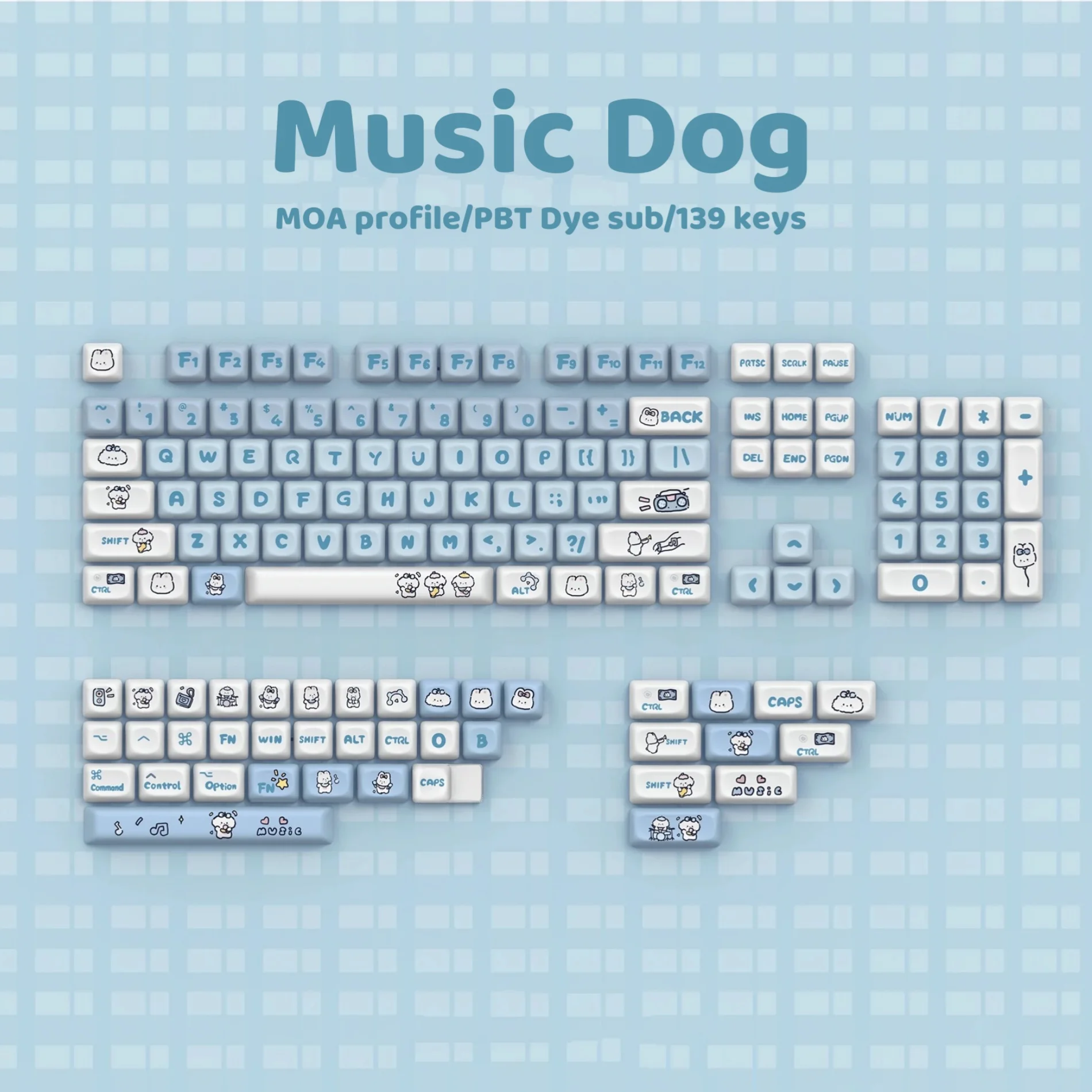 MOA Profile Keyboard Keycaps Custom PBT DYE-SUB Music Dog Keycap MX Switches 139 Keys/Set Blue Cute Key Cap for 64 61 87