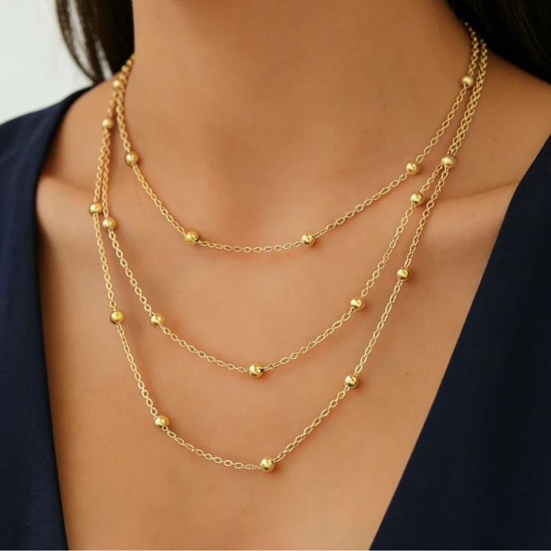 Three Layer Spaced Ball Bead Thin Chain Collarbone Necklace 316 Stainless Steel Gold Light Luxury Multi-Layer Versatile Jewelry