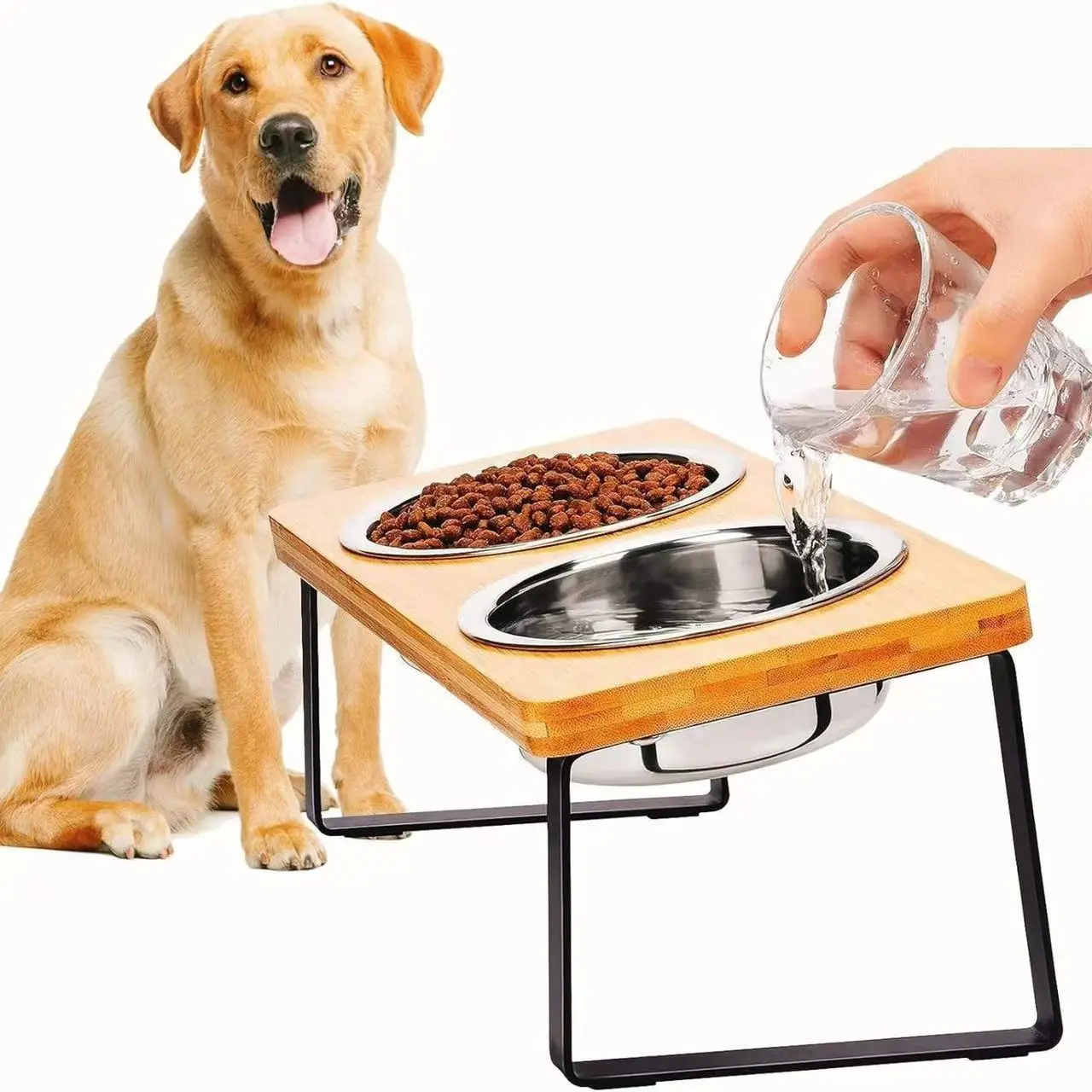 Stainless Steel Cat Dog Bowls with Creative Wooden Heightening Rack Bamboo Protective for Spine Automatic Feature for Food Water