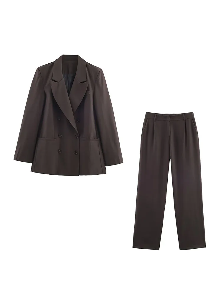 

HH Spring Woman Fashion Long Sleeves Lapel Double Breasted Blazer+ Straight Type Trousers Female Casual Commuting Two Piece Set