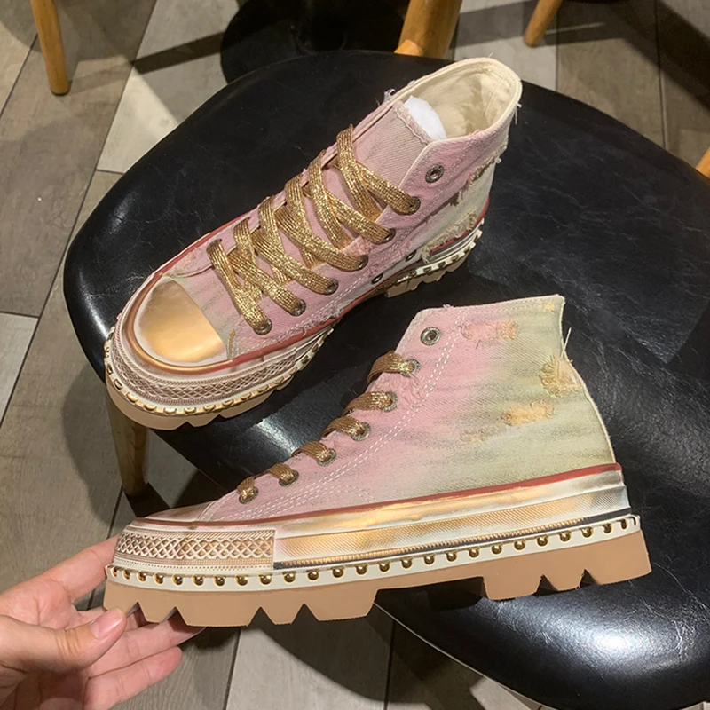 4CM New Women's Gradient Pink Platform Canvas Sneakers Lace-up Comfortable Shoes Fashion Outdoor Multi-functional Canvas Shoes