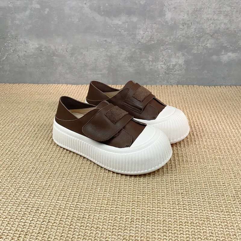 Birkuir Genuine Leather Flat Platform Women Shoes Hook Loop Soft Soles Shoes Round Toe Thick Heel Luxury Casual Boat White Shoes