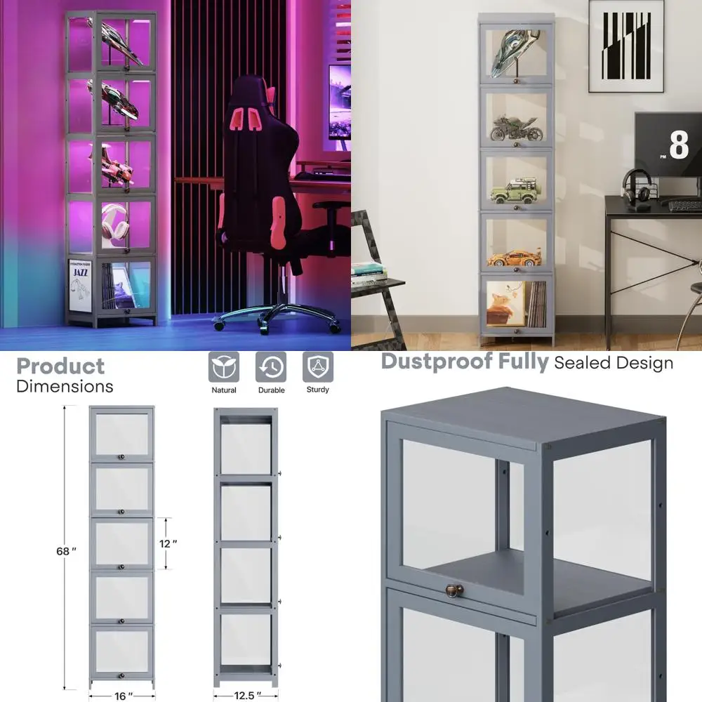 5-shelf transparent showcase cabinet with acrylic flip doors for collectibles, toys, and books storage