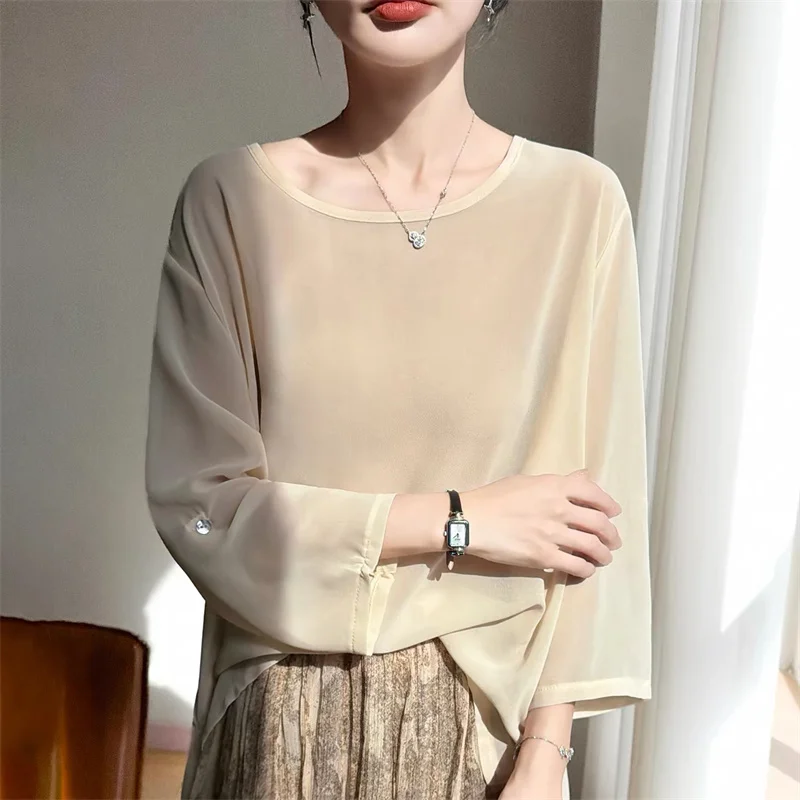 Blusa de chiffon plus size feminina, manga longa, soltinha, transparente, elegante, camisa de primavera, roupa feminina.