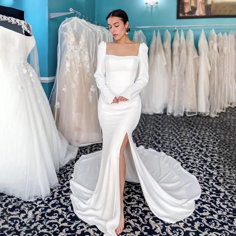 Eenvoudige Sexy Mermaid Wedding Dress Vierkante Kraag Lange Mouw Satijnen Bruidsjurken Slit Ruglooze Vestidos De Novia Robe De Mariee