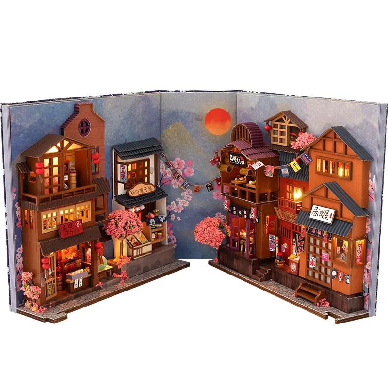 

DIY Wooden Japanese Store Book Nook Shelf Insert Kits Miniature Dollhouse with Furniture Cherry Blossoms Bookends Toys Gifts