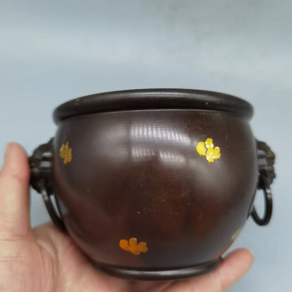 Old Collection Palace Style Gilded Double Lion Ear Copper Cylinder Antique Purple Bronze Incense Burner Fortune Cornucopia Decor