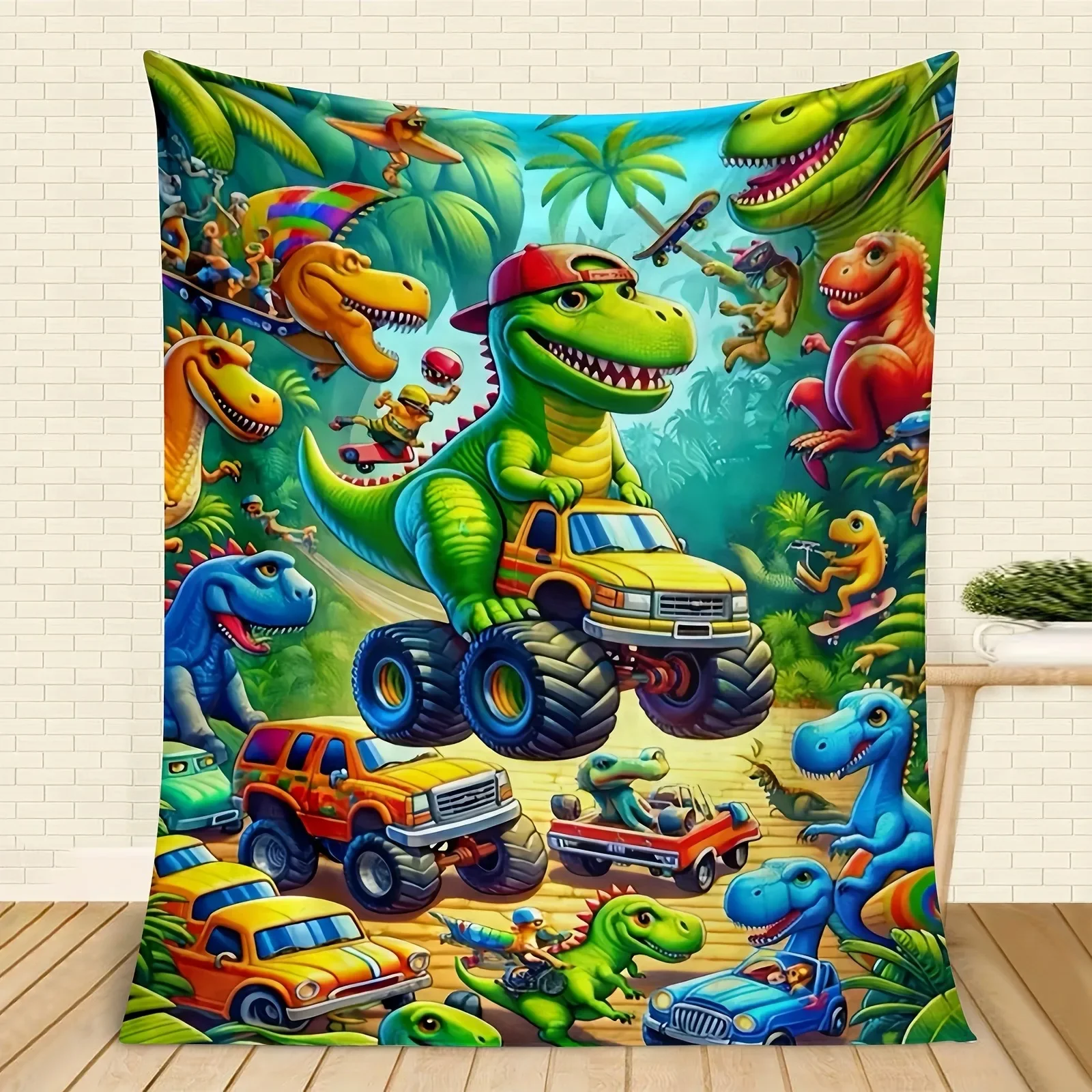 JIT 1 pc Dinosaur Monster Truck Printed Flannel Blanket 2D Flat Print Kids Home Decor Bedroom Throw Blanket Fun Charming