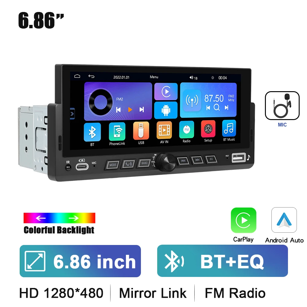 Podofo 1DIN 6.86 "HD Touchscreen Monitor Auto MP5 Speler Draadloze CarPlay Android Auto Multimedia Bluetooth FM Radio Ontvanger