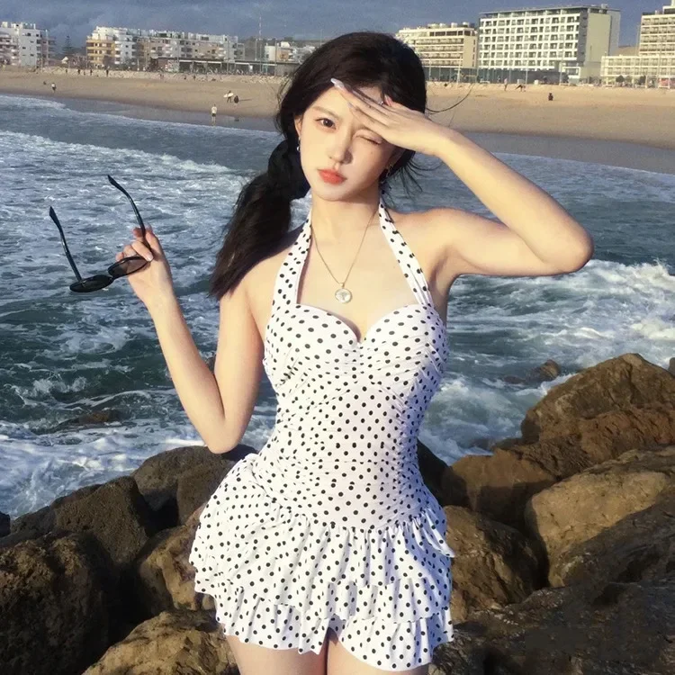 Traje de baño adelgazante de una pieza, estilo coreano clásico vintage con falda, traje de baño para mujer, adecuado para diferentes tallas de busto