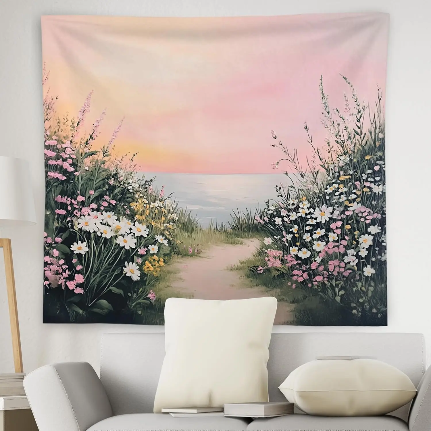 Coastal Wildflower Sunset Tapestry, Ocean View with Pink Sky & Daisy Path Print Wall Hanging for Calm & Aesthetic Home Decor