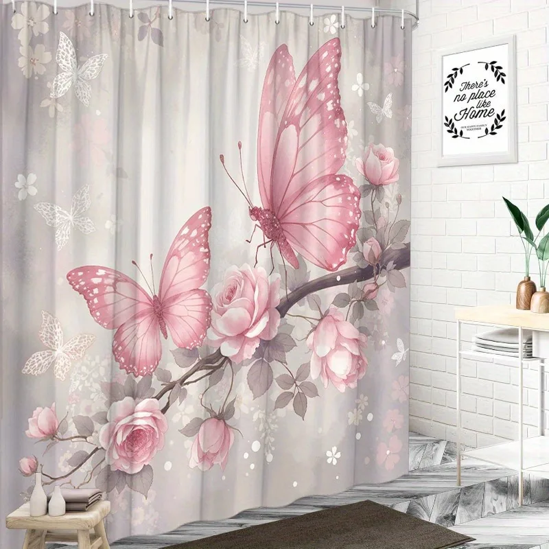 

Pink butterfly rose Washable Dirt-Resistant Shower Curtain Shower Head waterproof Polyester Bath Curtain For Home Decor