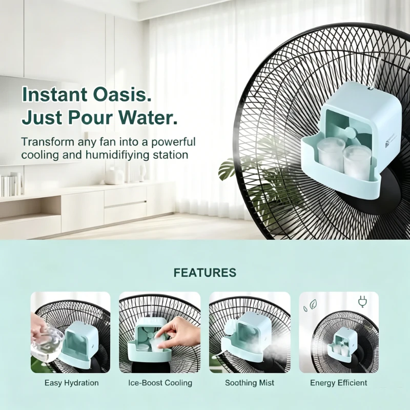 Fan Cooling Mist Accessory, Portable Ice Water Cooler Humidifier Gadget, Clip-on Fan Cooling Device with 4 Ice Cups Home Office