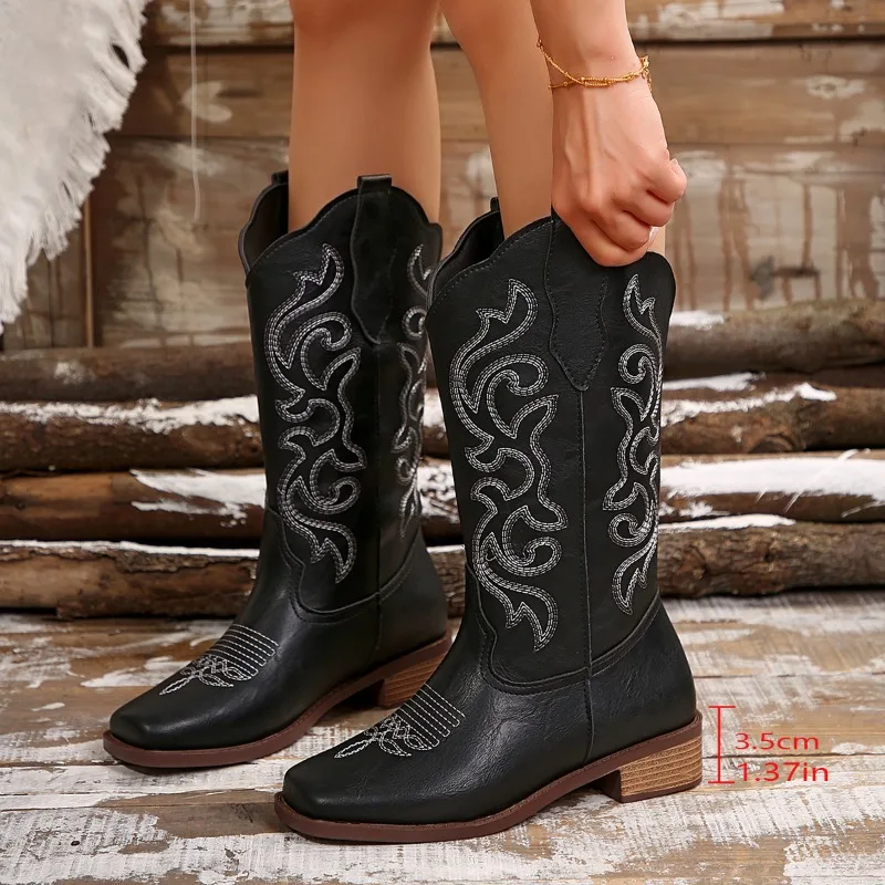 2024 Knight Cowboy Women Ankle Boots High Quality Embroidered Mid Calf Leather Boots Casual Designer Ladies Shoes Botines Mujer