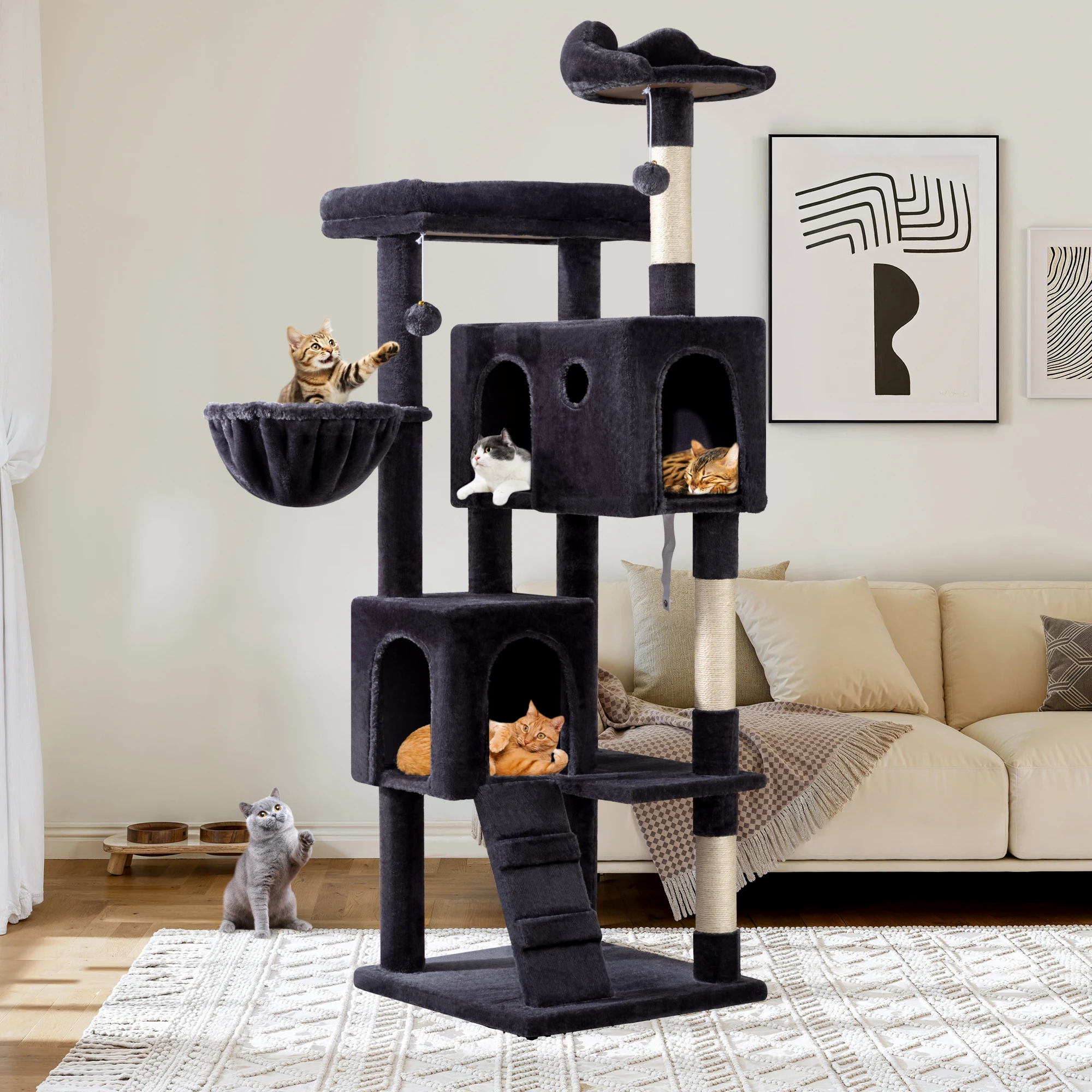 

HOOMIC 64 Inches Cat Tree Tower/Multi-Level Activity Center for Indoor Big Felines/2 Plush Condos/2 Perchs/Basket/House