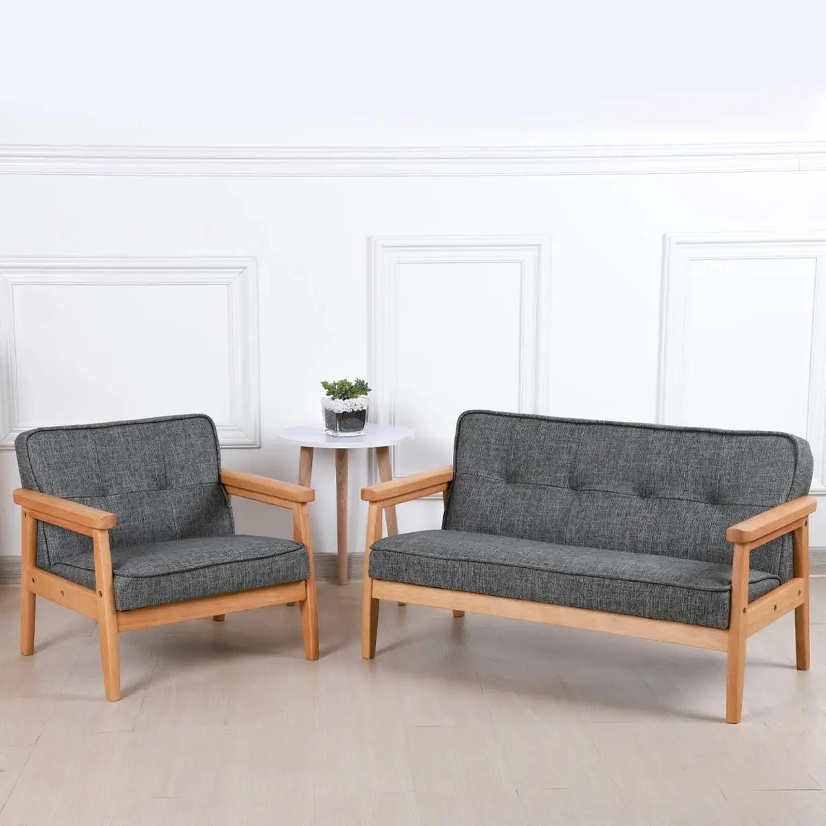 Kid Sofa Chair, Kid Couch with Solid Wood Arm and Linen Pattern PVC for Kids Rest (Dark Grey)