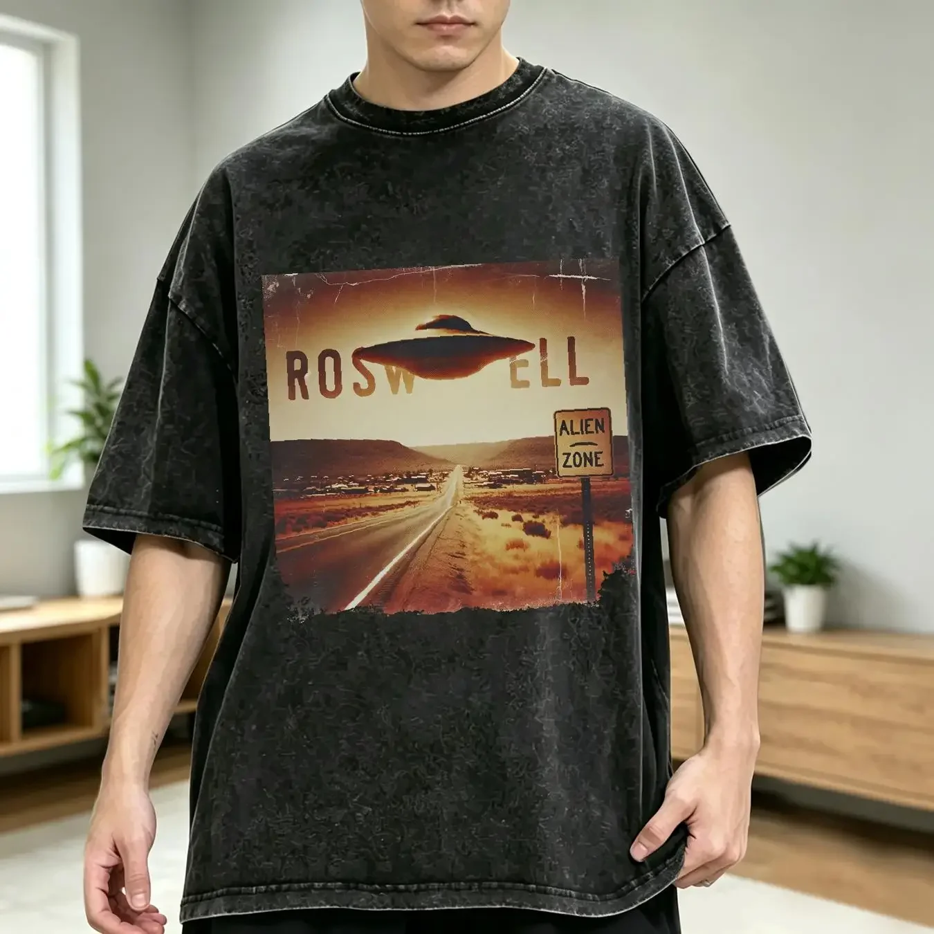 washed T Shirt UFO Roswell With Alien Zone Area 51 Lover Fan Grey Outer Space Funny Trending Now long or short sleeves vintage