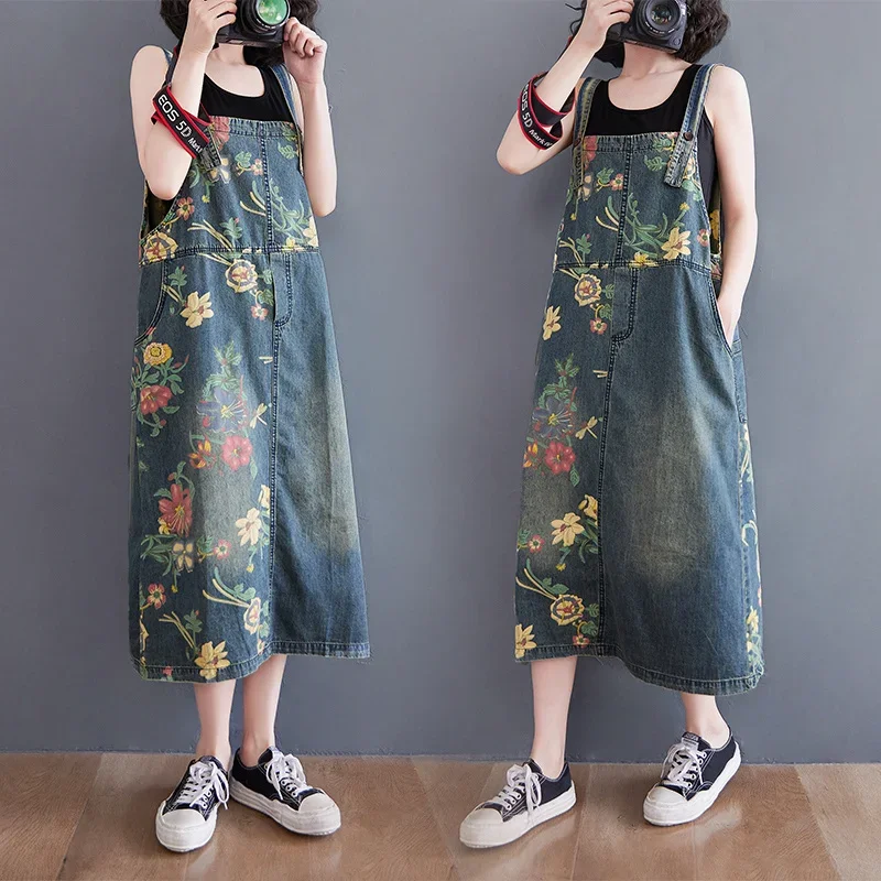 

Floral Printed Denim Dress Women Vintage Overalls Dress Female Loose Sleeveless Spaghetti Straps Denim Dress Midi Summer