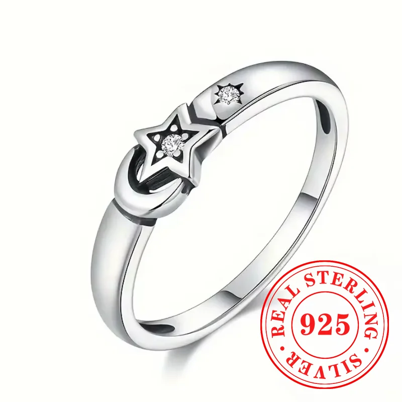 

Huitan стерлингового серебра 925 пробы, кольцо со звездой и луной для девочек-подростков, нежные модные аксессуары с ярким цирконием, шикарные стильные ювелирные изделия