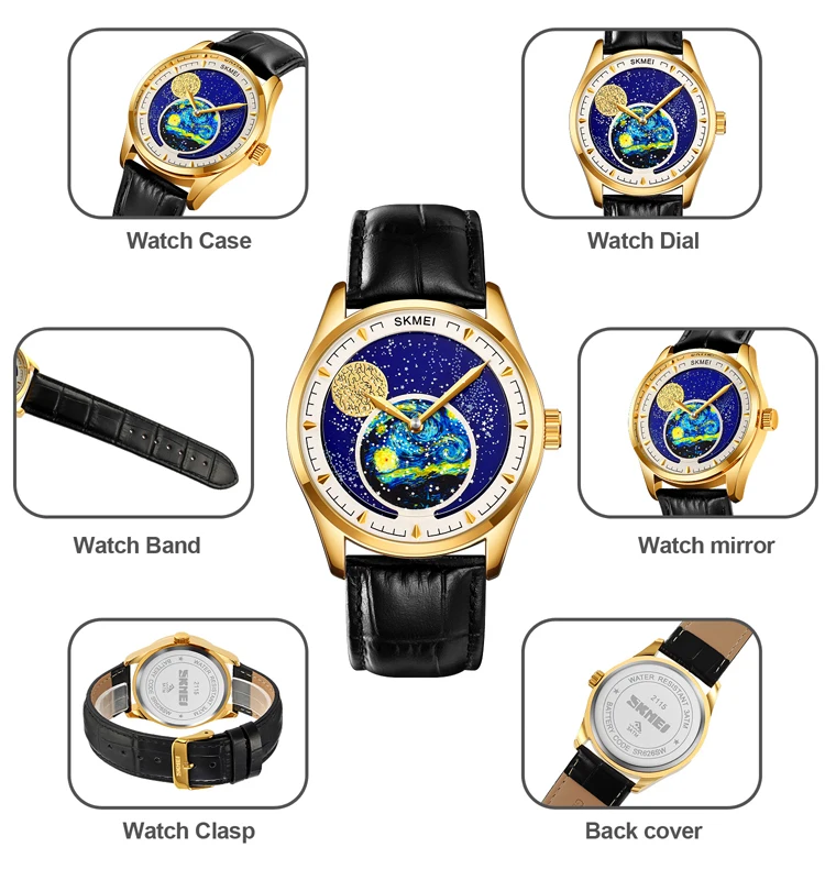 SKMEI Watch For Mens Fashion Starry Sky Moon Phase Quartz Casual Genuine Leather Strap Wristwatches Waterproof Clcok reloj hombr