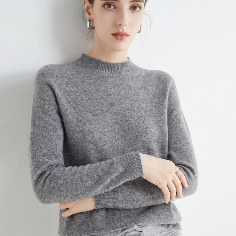 Half Turtleneck Loose Knitted T-shirt Women Elegant Solid Long Sleeve Casual Versatile Pullover Tops Casual 100% Wool Tops