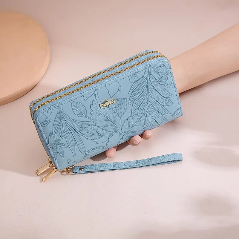 Double Zipper with Two Layers Women's Wallet Leather Ladies Purse Embossed Long Clutch Card Holder Phone Checkbook Organizer