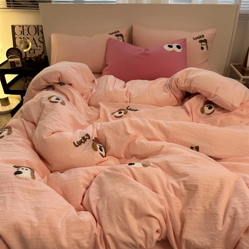 

Super Soft Washed Cotton Towel Embroidery Four- Home Textile Adorable Pink Cartoon Cute Student Dormitory Three-Piece Set