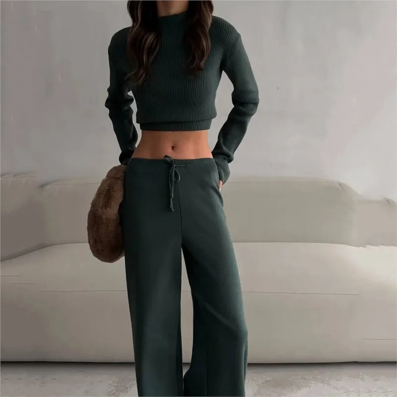 

Long Pants Breathable Cotton Comfort Fit for Spring & Autumn 2025 Korean Style Women's 2-Piece Knit Set High-Waisted Crop Top