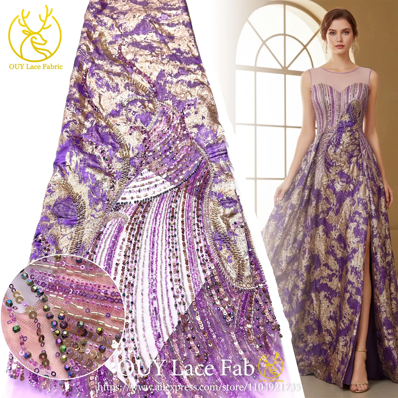 Purple Luxury African Heavy Beaded Chiffon Lace Fabric 2026 High-Quality Nigerian Sequined Lace Fabric for Evening Gowns 5 Yards