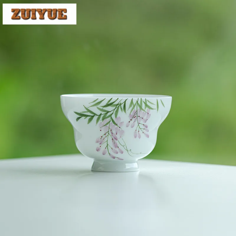 2pc/set Hand-painted Wisteria Flower Teacup White Porcelain Single Master Cup Tasting Tea Bowl Meditation Cup Kung Fu Teaset