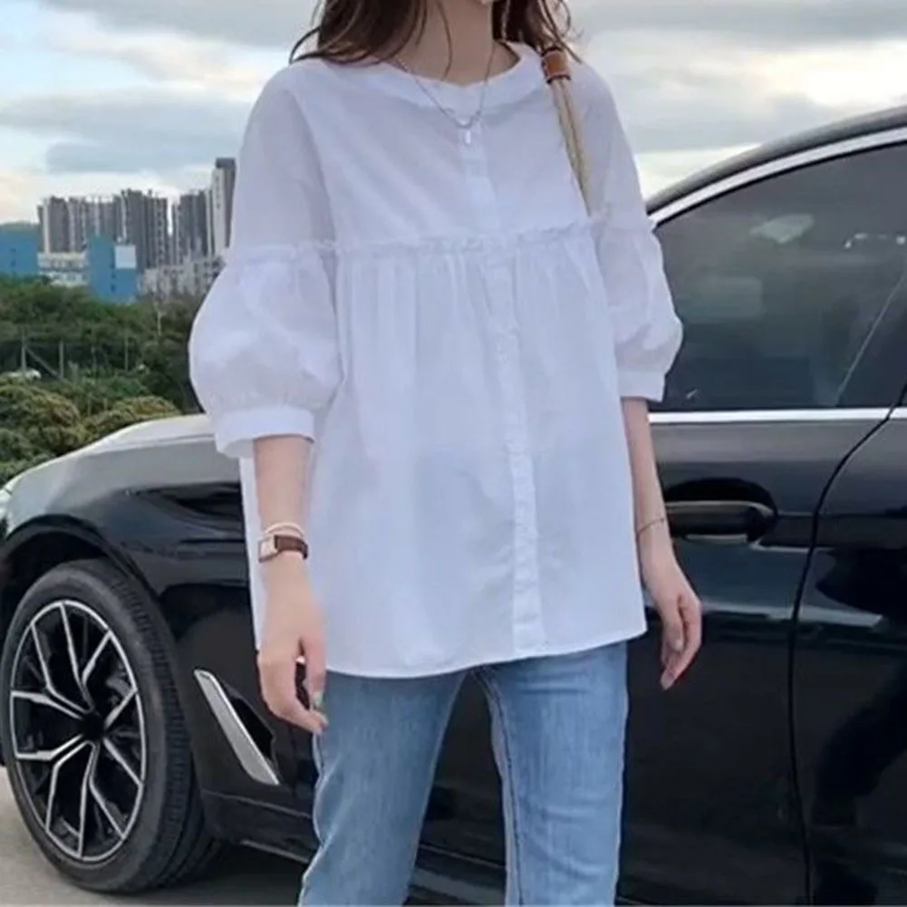 Camisa casual de verão para mulheres, manga curta, gola frontal com botões, feita com mistura de poliéster e elastano, leve e confortável