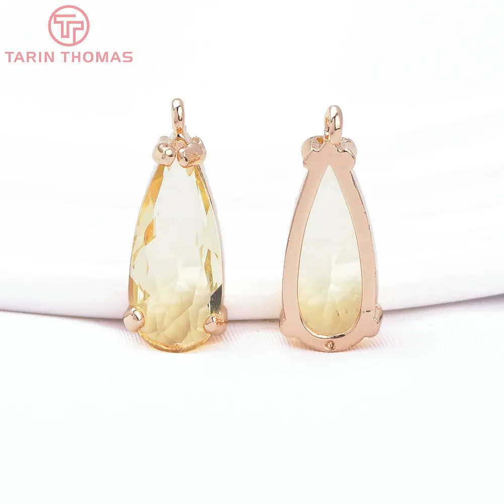 (8371) 6PCS 7.5x18.5MM 24K Gold Color Brass with Glass Water Drop Shaped Pendants High Quality Diy Jewelry Making Findings