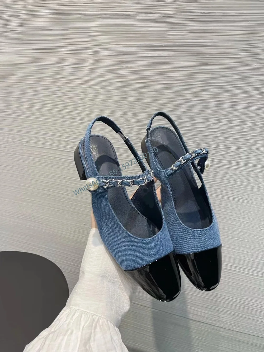 

Pearl Metal Chain Mixed Color Pumps Round Toe Flat with Blue Black Mary Jane Shoes Women Elegant Leisure Fashion Dress Shoes