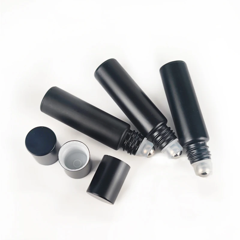 10/24/50pcs 10ml Black Frosted Thick Glass Roller Bottle Empty Matte Roll on Essential Oil Bottles with Stainless Roller Ball