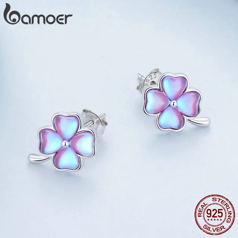 Bamoer 925 Sterling Silver Lucky Four Leaf Clover Stud Earrings Purple Fantasy Color Earrings for Women Party Fine Jewelry Gift