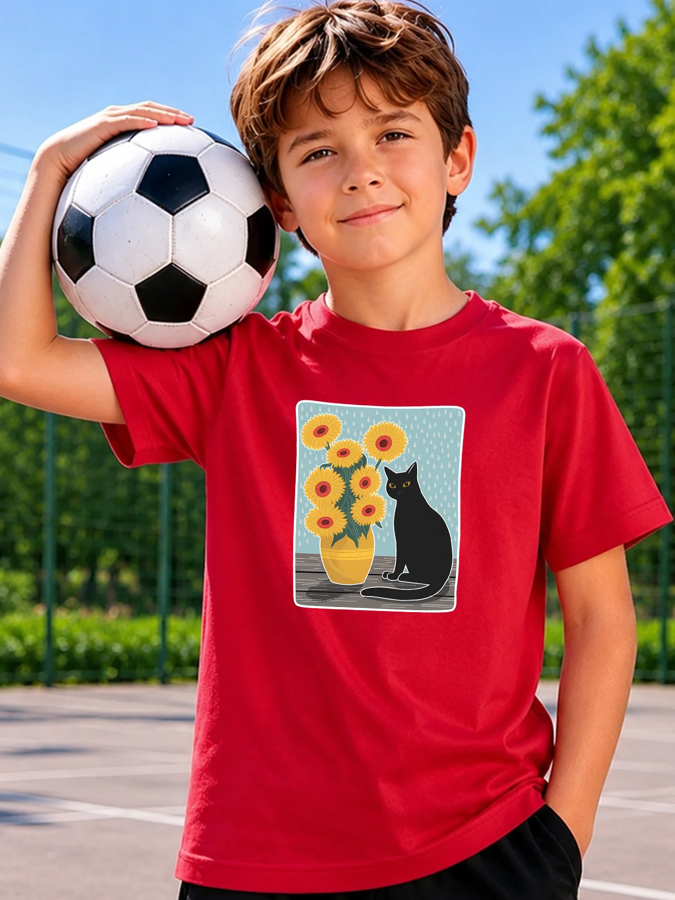 Black Cat Sunflower Vase Retro Art Kids T Shirt Boys Girls Short Sleeve Crew Neck Cotton Parent Matching Tops Toddler Youth