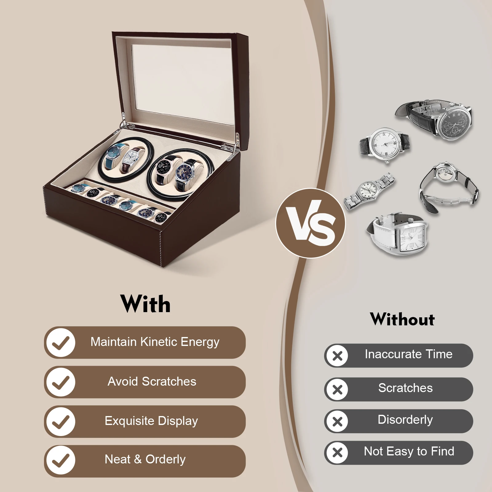 4+6 Automatic Rotation Wood Watch Winder Storage Display Box Brown Watch Display Box with Adaptor