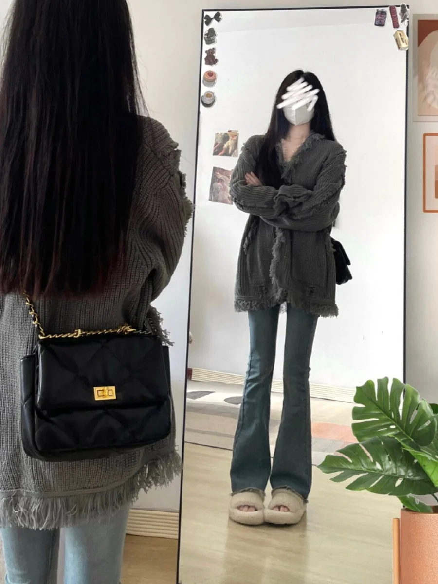 

American Retro Knitted Open Cardigan Sweater Women's Loose Lazy Sle Trendy Outerwear V-ne Regular Length Other Material 00