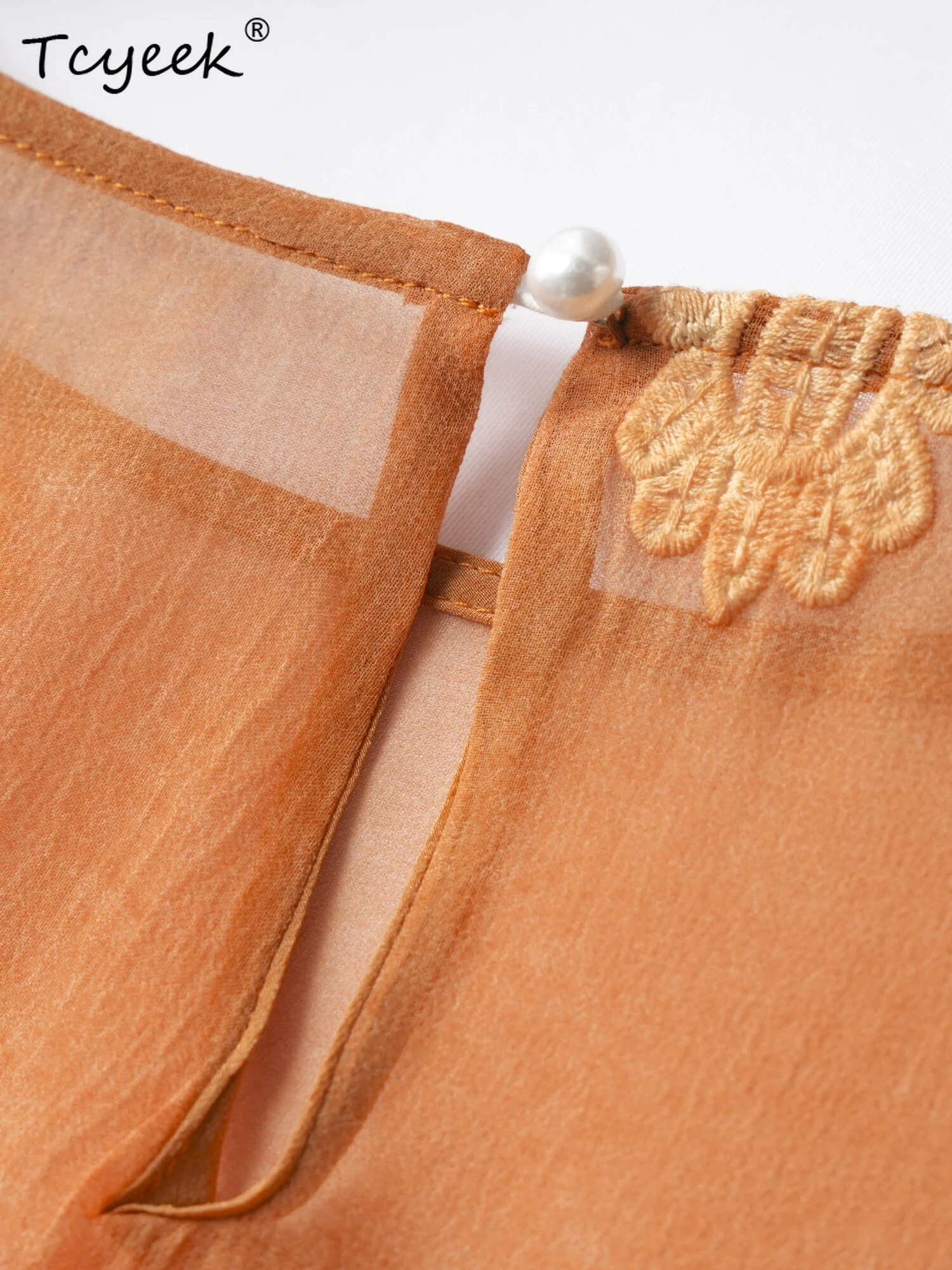 Tcyeek 100% seda amoreira verão regata em torno do pescoço manga nove quartos laranja proteção solar camisas femininas Ж gessi Одеж Б