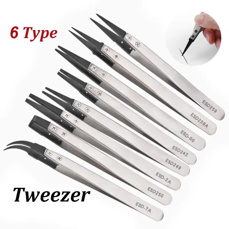 1PC 6PCS For Watch Hands Installation Work Straight Elbow ESD-259 ESD-259A ESD-7A Handle Stainless Antistatic Plastic Tweezers