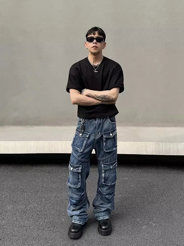 High Street Men Multiple Pockets Cargo Jeans Loose Fit Vintage Casual Denim Pants Hip Hop Personality Straight Trousers Male