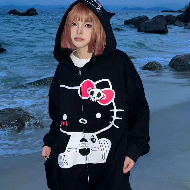 

New Sanrio Hello Kitty Zip Up Hoodies Y2k Cute Cartoon Hooded Shirt Sweatshirt Woman Autumn Oversize Long Sleeve black Coat Tops