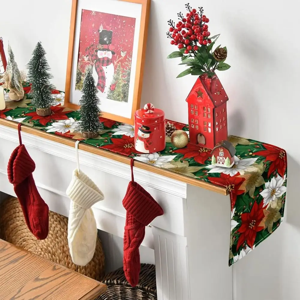 Poinsettia Flower Pattern Christmas Table Runner Long Length Linen Material Holiday Linen Runner Holiday Print Design