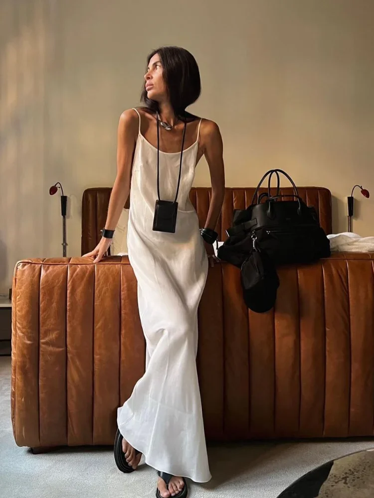 Sexy Solide Satin Backless Sling Kleid Frauen Elegante Ärmel Off Schulter Spaghetti Strap Maxi Kleid Dame Urlaub Party Kleid