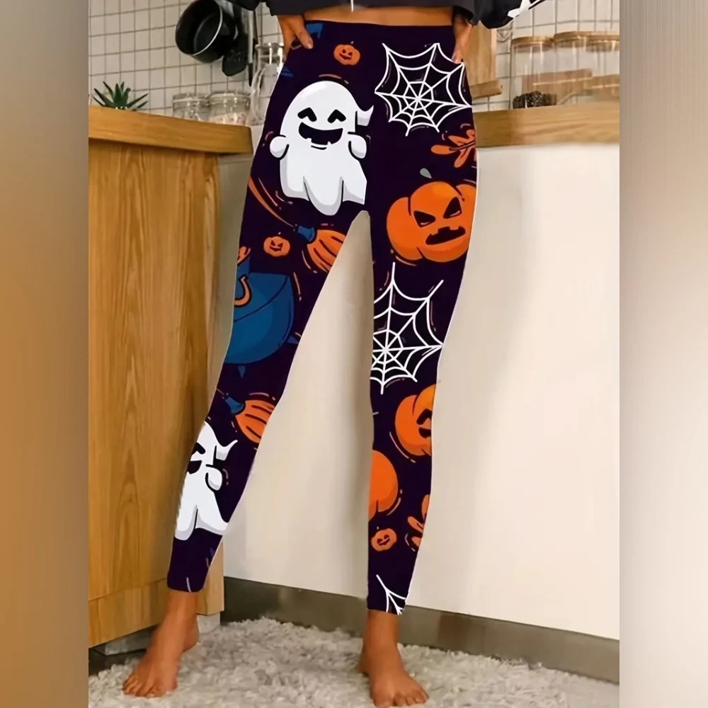 Halloween pumpkin print stretch elastic waist tight women\'s casual leggings festive atmosphere