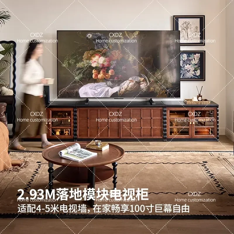 Retro Solid Wood TV Cabinet Checkerboard Pattern Linglong Storage Unit Modular Combination Console for Living Room Home Decor