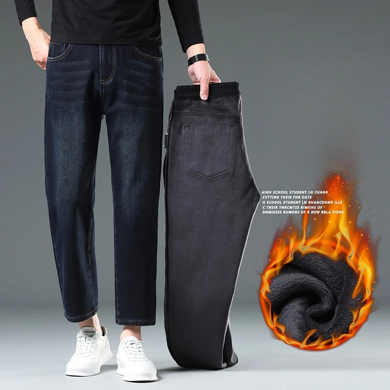 Men Winter Fleece Cropped Jeans Washed Straight Leg Thick Warm Pants Soft Slight Stretch Business Casual Fashion Long Trousers