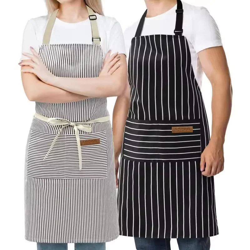 White Black Striped Man Woman Home Restaurant Kitchen Baking Nail Bib Oil Repellent Work Apron 2 Pockets Adjustable Clean Apron